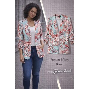 Preston & York Paisley Blazer Jacket Size 14 NWT Mint Coral Open Front